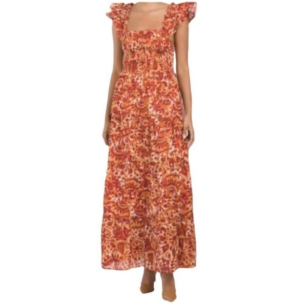 House of Harlow 1960 Zoey Maxi Dress | Size L | Orange Tiered Smocked Cotton